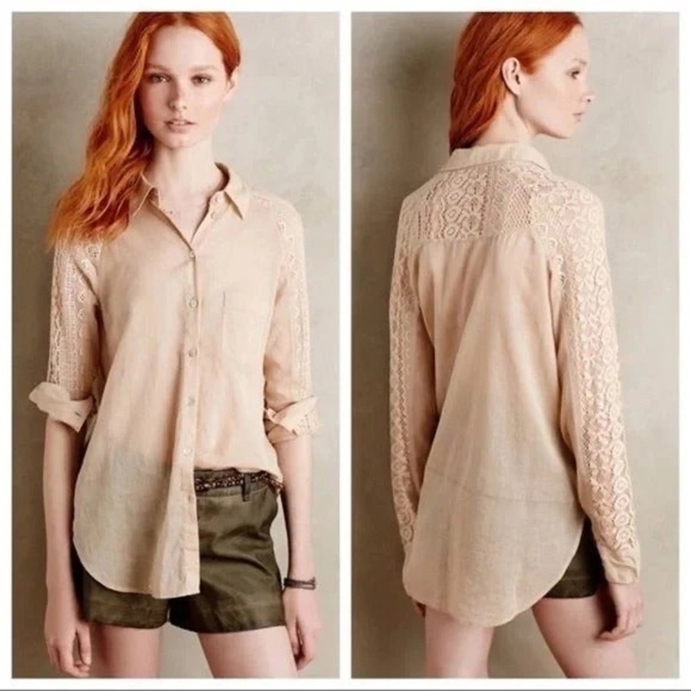 Anthropologie - Holding Horses - Tan Crochet Long Sleeve Button Down Shirt